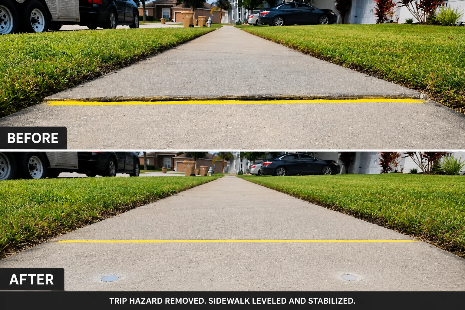 Before and after sidewalk trip hazard repair and concrete leveling