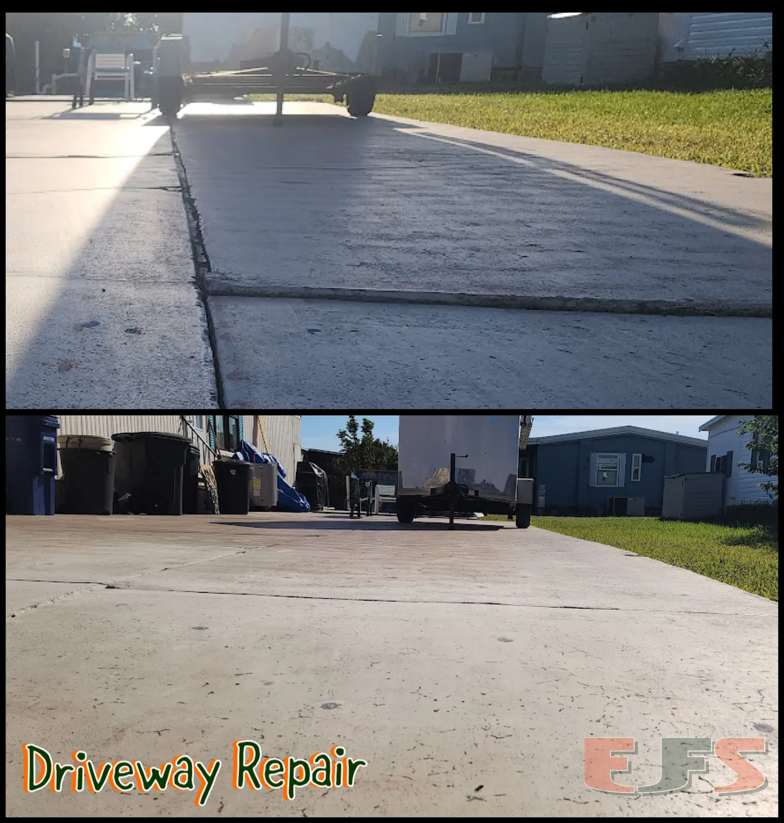 Before and after polyurethane lifting of a settled driveway section