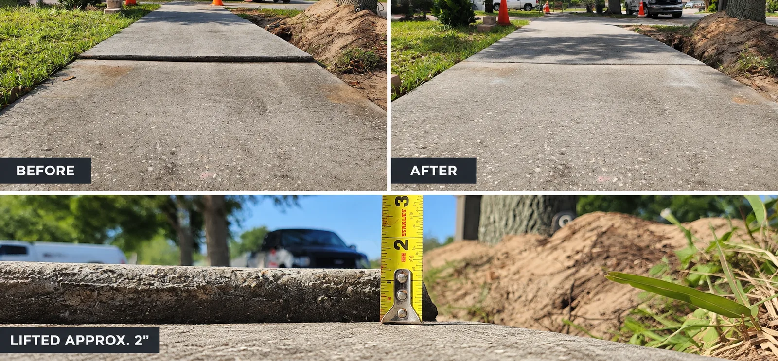 Before and after example of an uneven concrete sidewalk raised and leveled by Environmental Foam Solutions