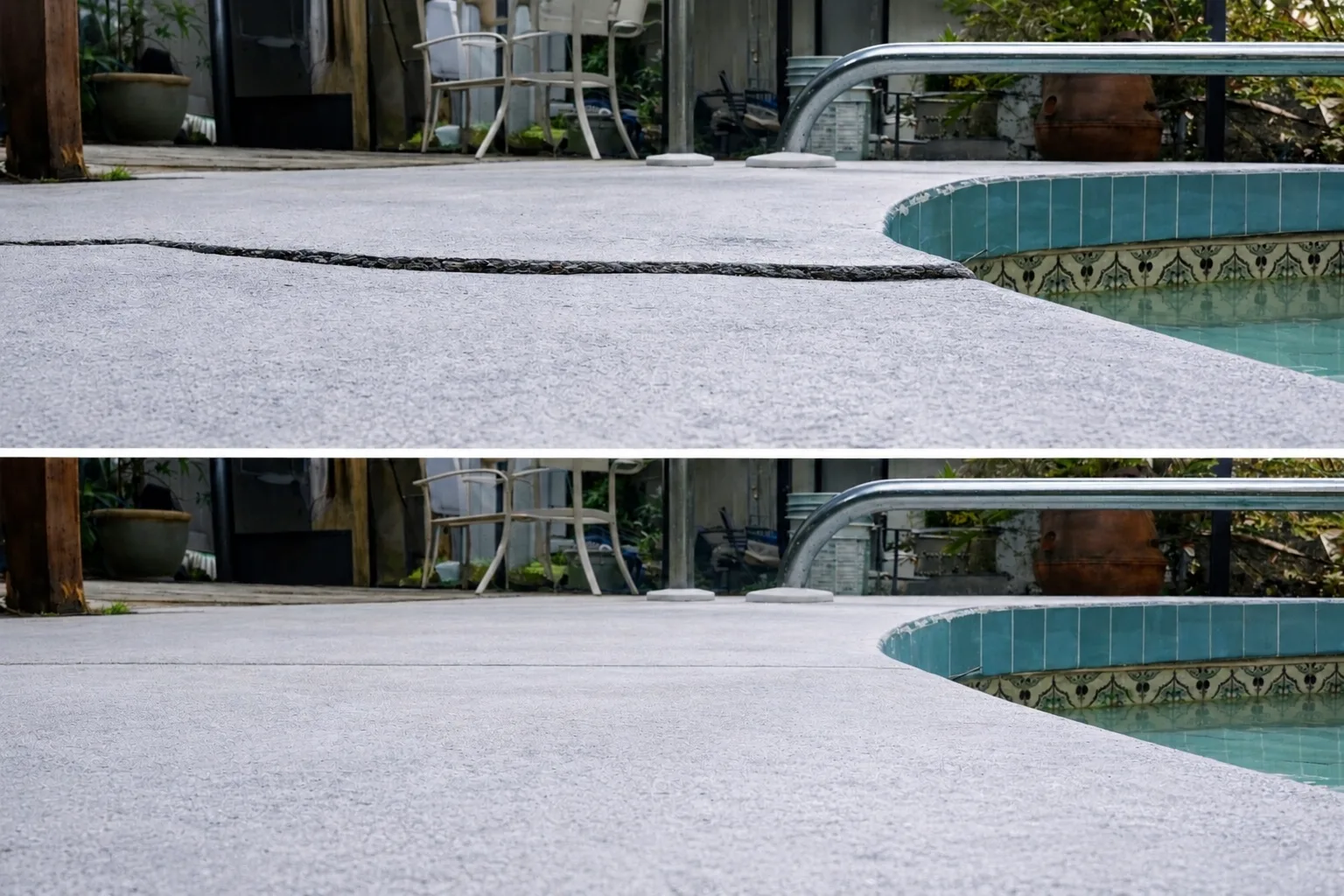 Before and after polyurethane leveling of a sunken pool deck