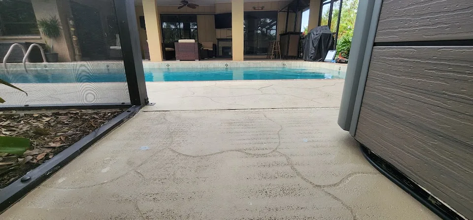 Settled pool deck concrete in Port Charlotte FL before polyurethane leveling