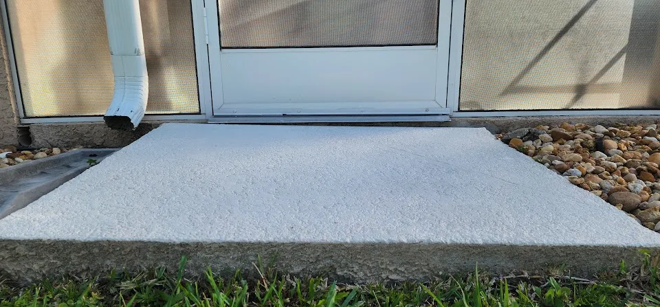 Settled pool deck sections before and after polyurethane concrete leveling in Zephyrhills, Florida — before