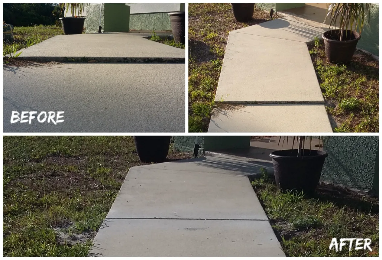 Before and after sidewalk concrete lifting and leveling